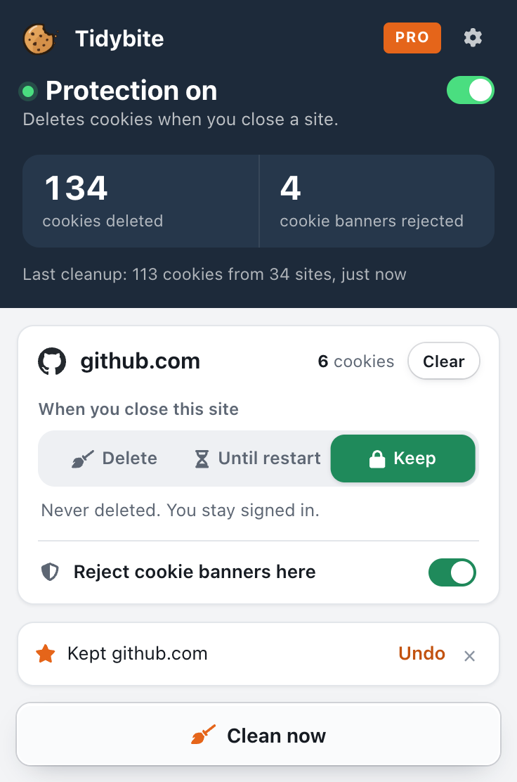 The Tidybite popup on github.com: 134 cookies deleted, 4 cookie banners rejected, and the site set to Keep.